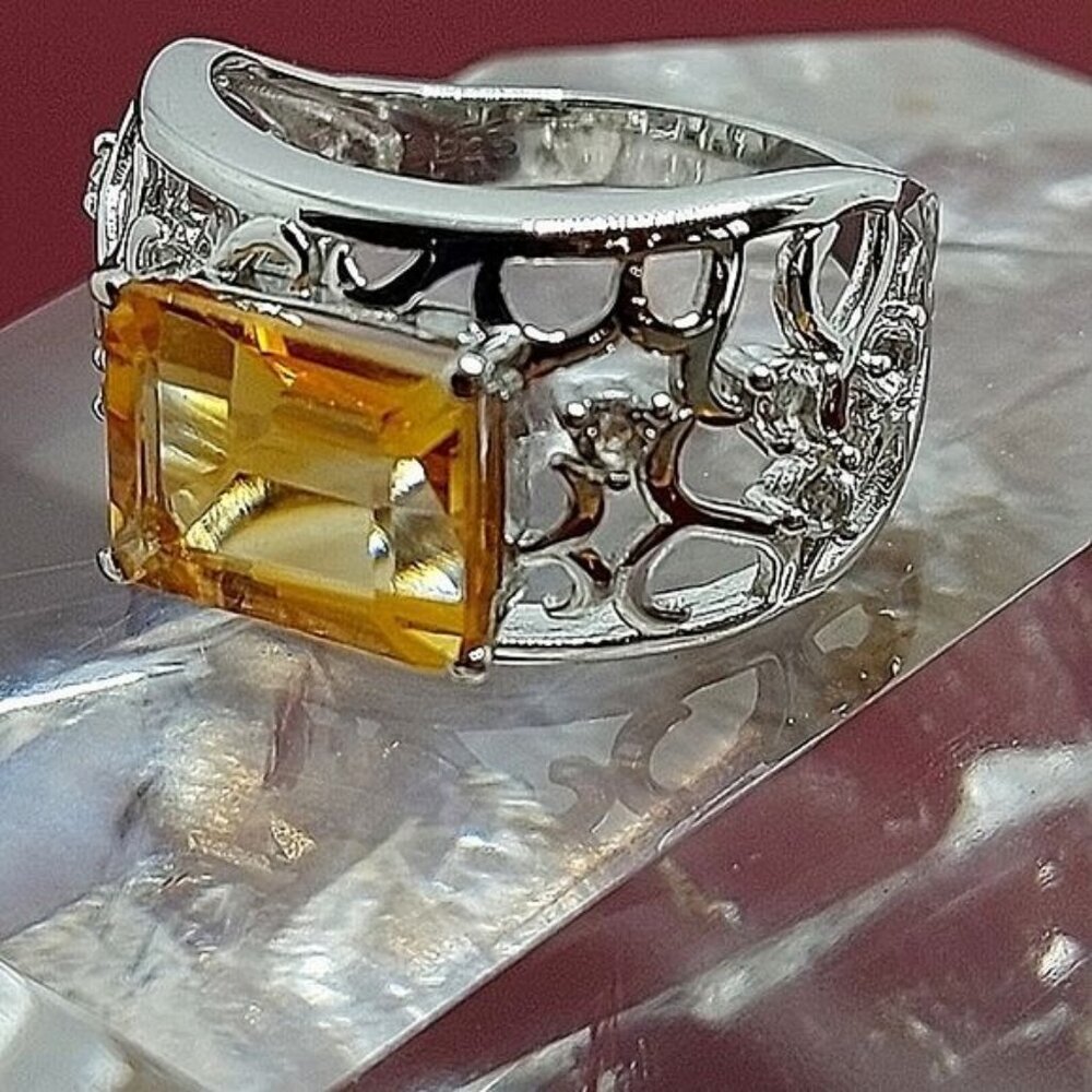 Natural Yellow Citrine‎ 10x8mm & White Topaz 925 Sterling Silver Ring Sz…